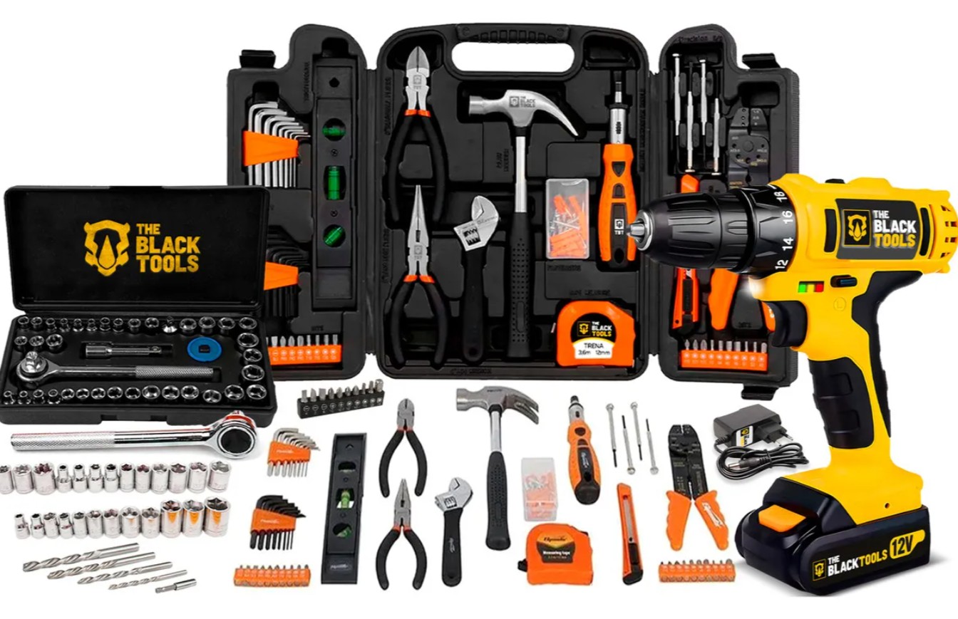 Jogo De Ferramentas 169 Peças Com Maleta E Furadeira Parafusadeira Sem Fio A Bateria